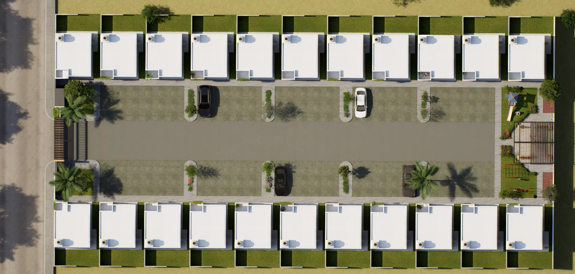 Vista superior del conjunto con la distribución de las casas y la privada