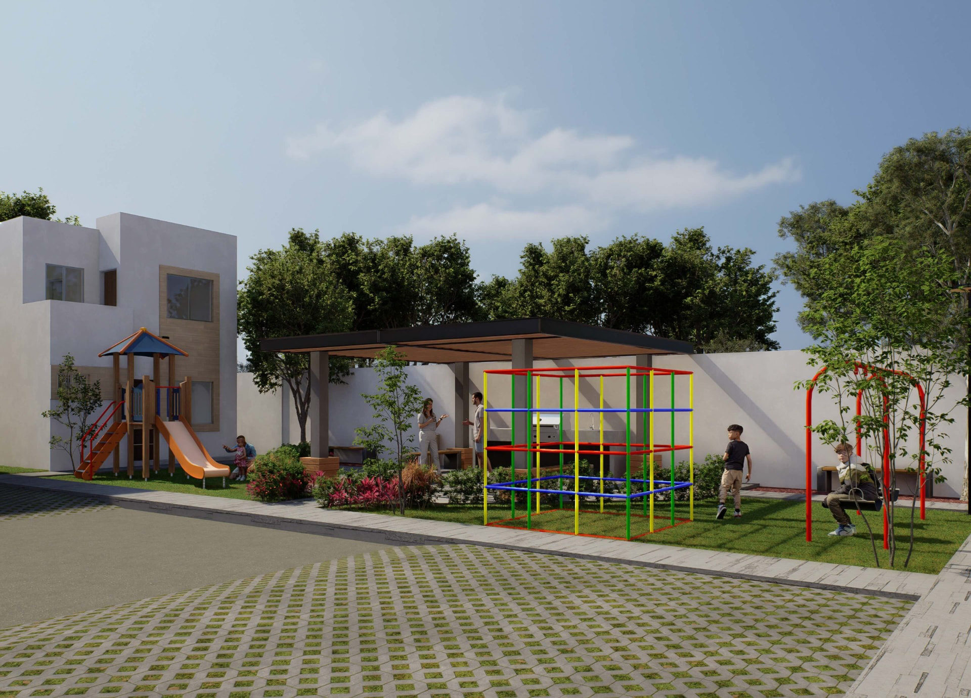 Jardín con asador, juegos infantiles y áreas verdes en Privadas de la Hacienda