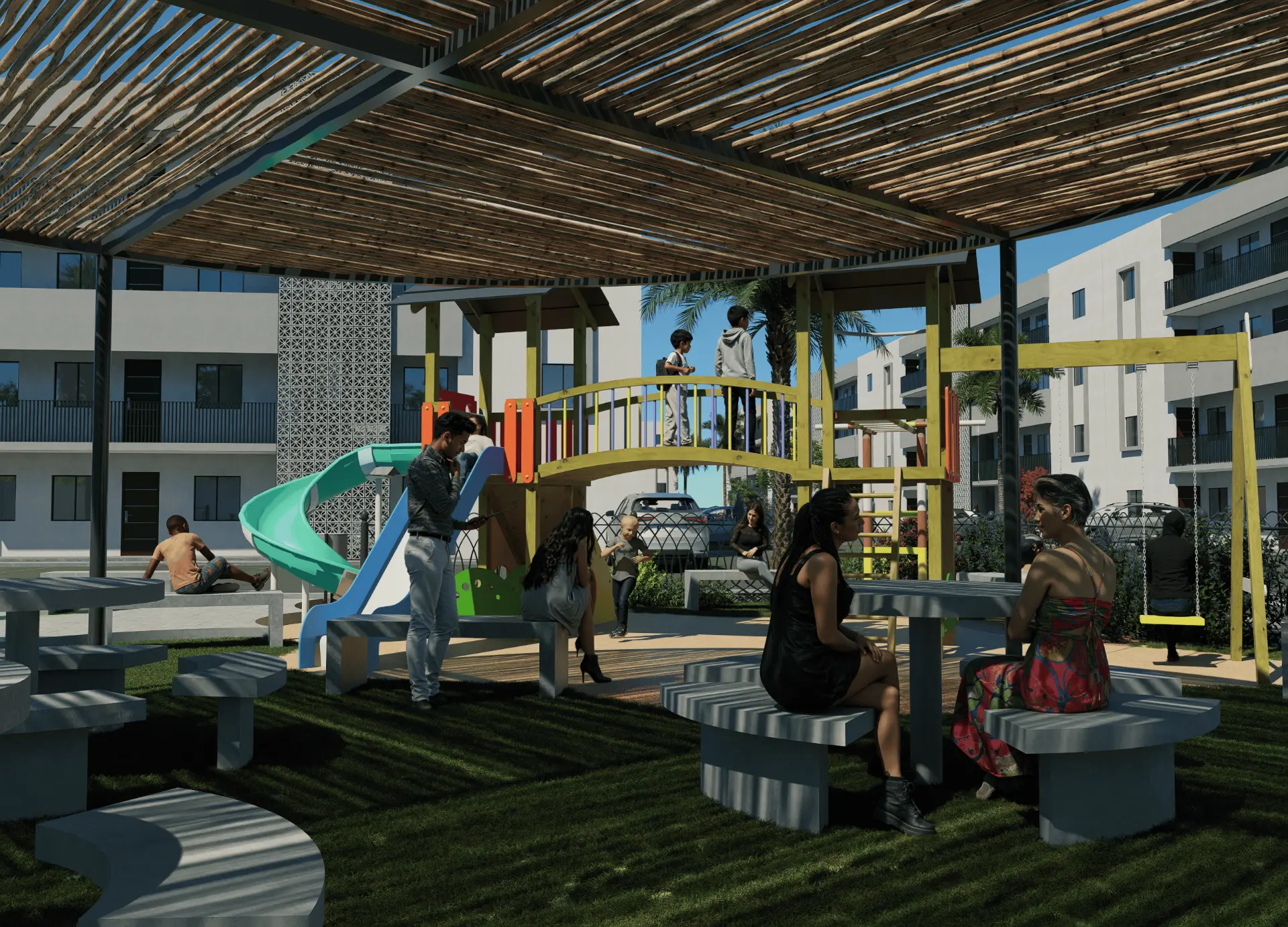Área verde con juegos infantiles y pérgola en Santuario Residencial