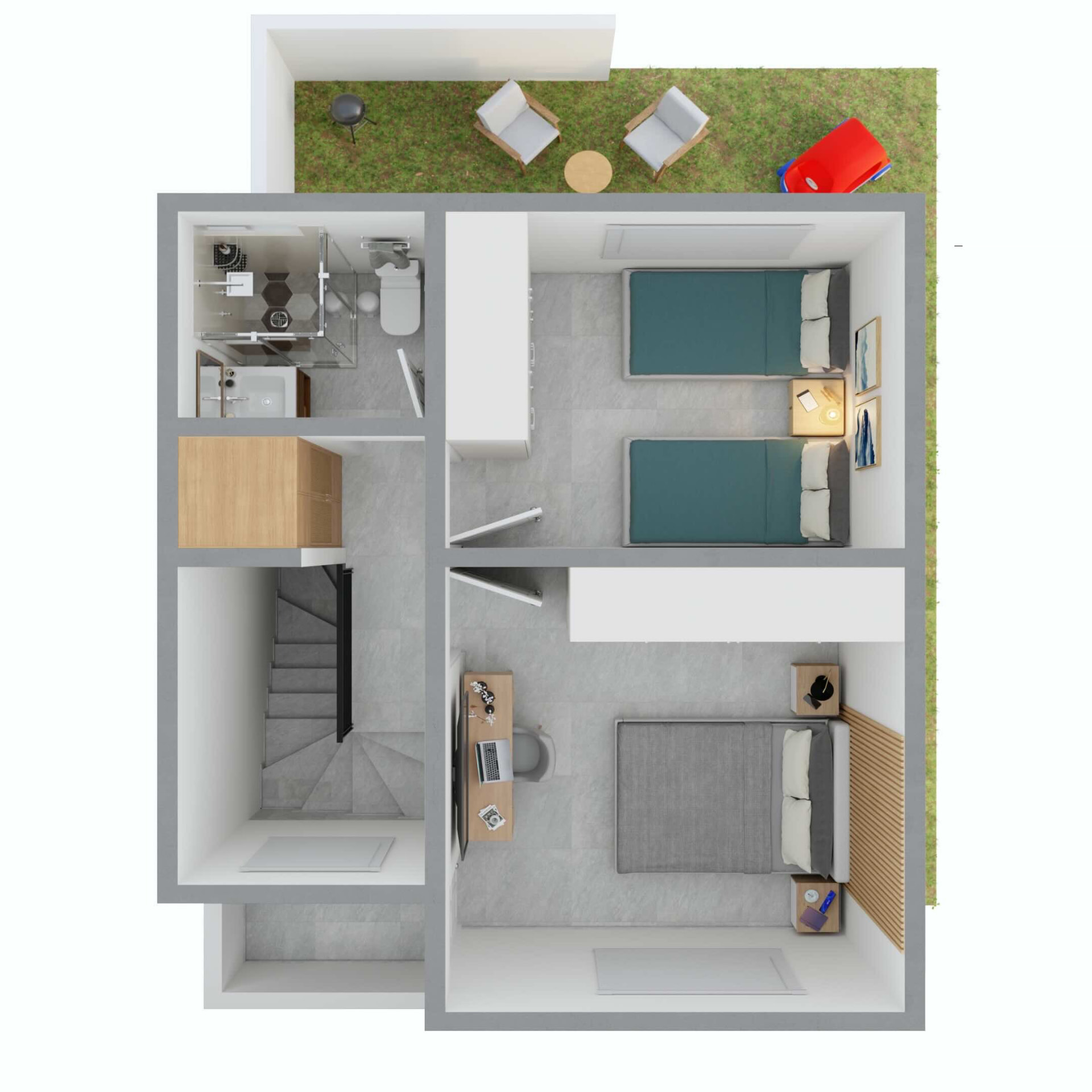 Planta alta del prototipo con dos recámaras, baño completo y escalera