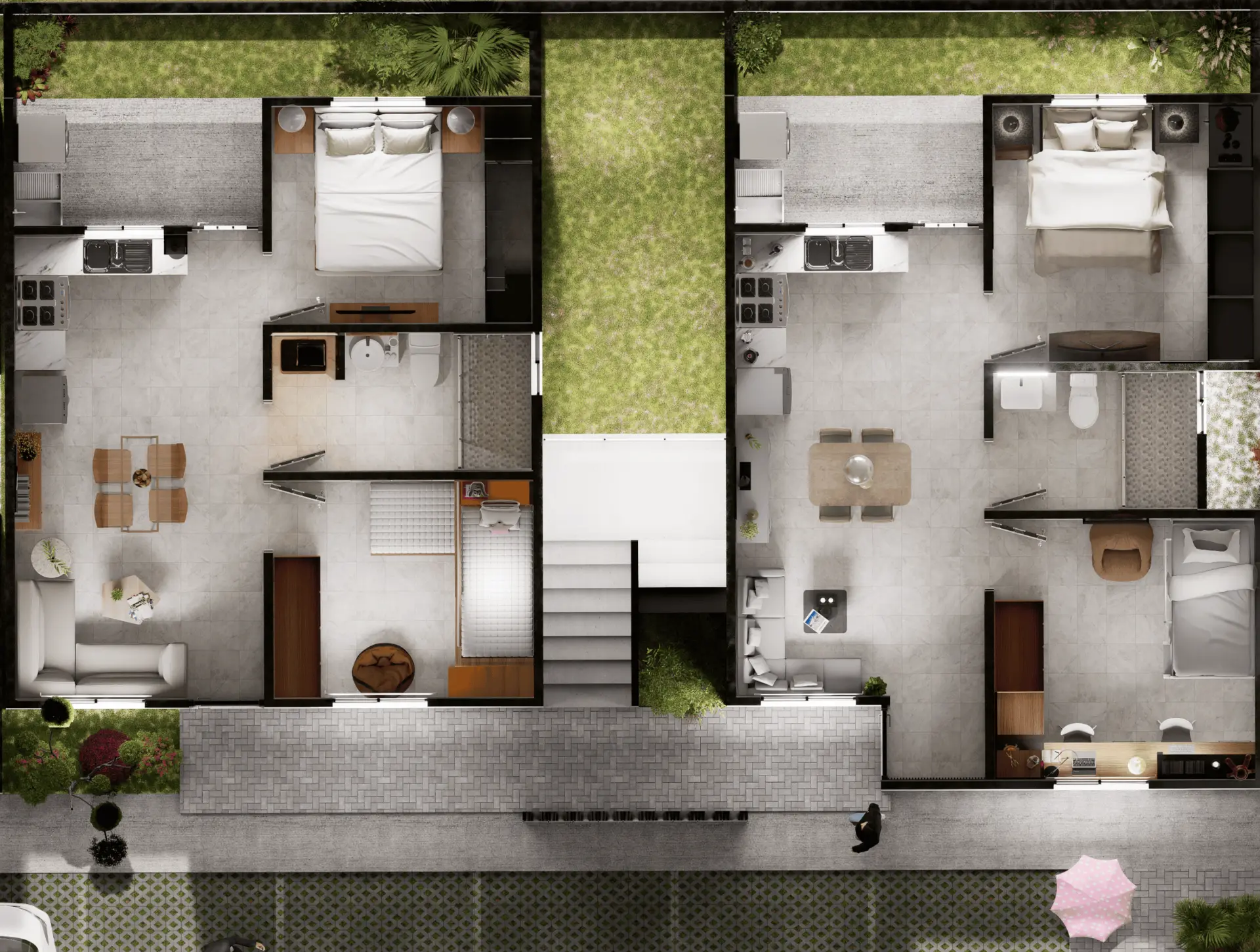 Plano arquitectónico del prototipo Santuario con sala/comedor, cocina, baño, dos recámaras con clóset y lavandería