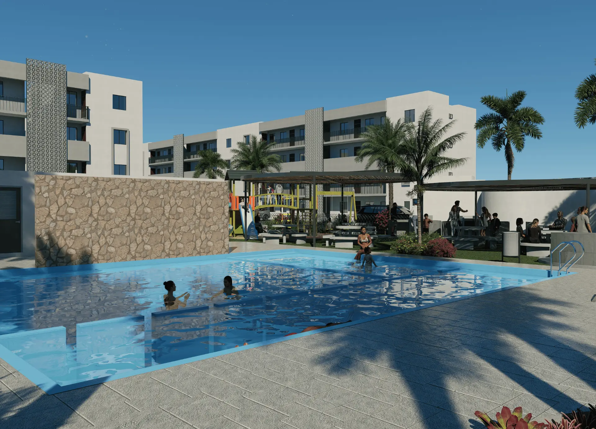 Alberca de Santuario Residencial rodeada de palmeras