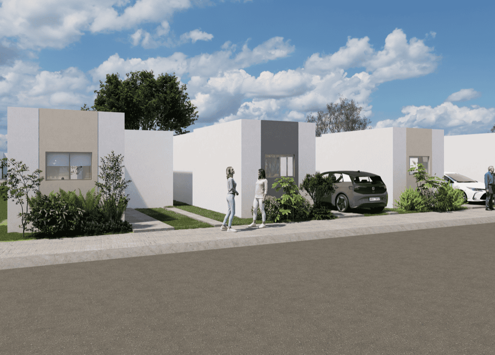 Fachada de casas de Valles de Anáhuac vista desde la calle con jardines y estacionamiento