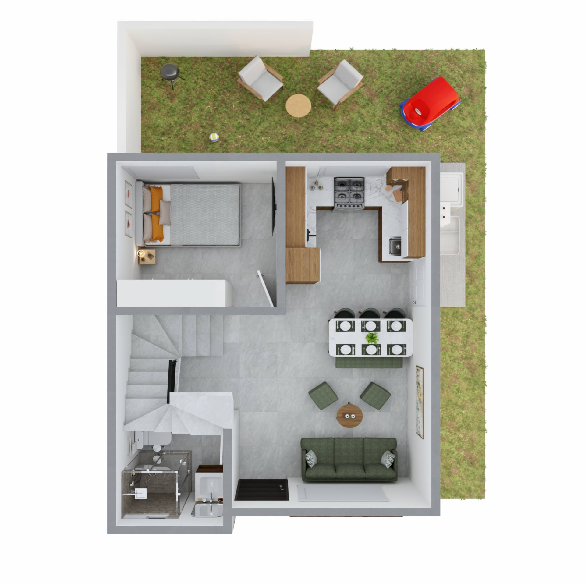 Planta baja del prototipo con sala comedor, cocina, baño, recámara y jardín