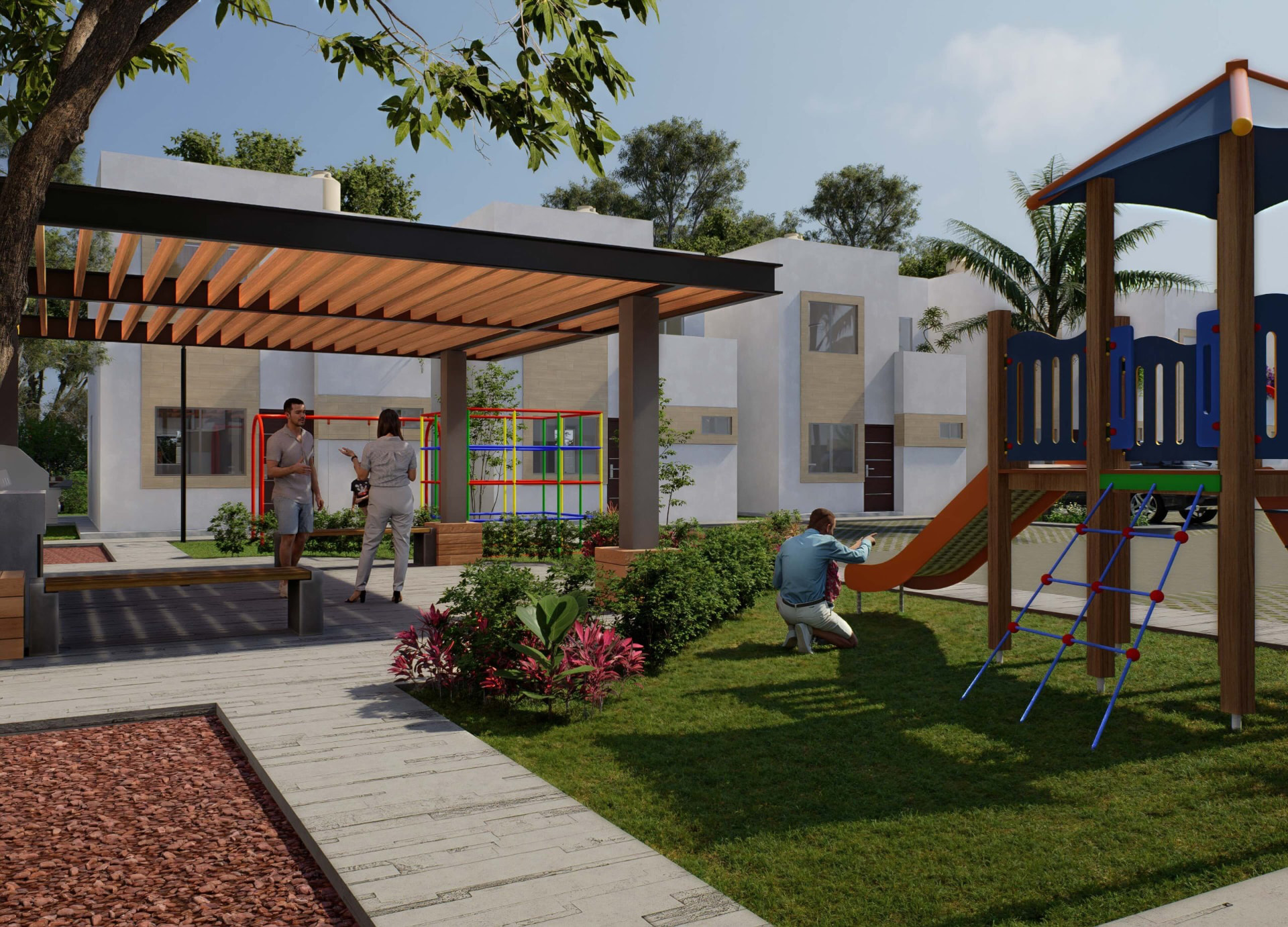 Área de convivencia con pérgola, asadores y juegos infantiles