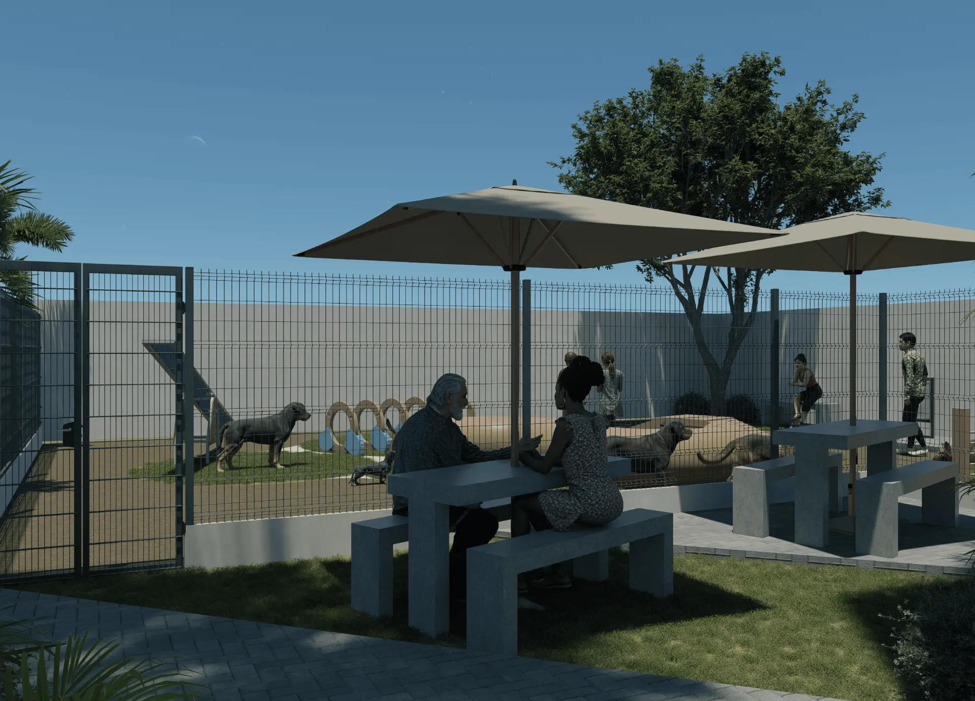 Zona para mascotas con sombrillas y mobiliario en Santuario Residencial